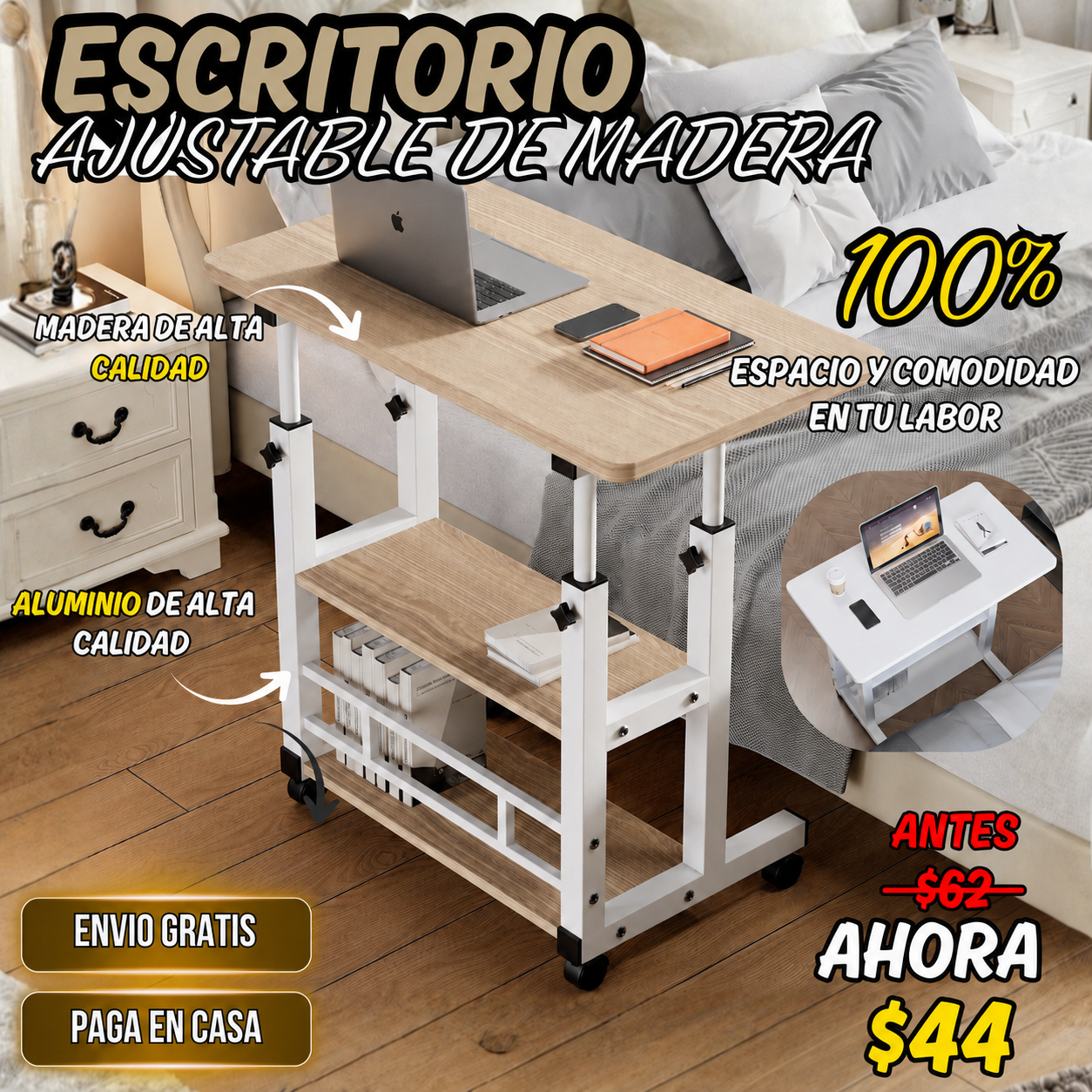 Escritorio de Altura Ajustable con Ruedas y Repisas