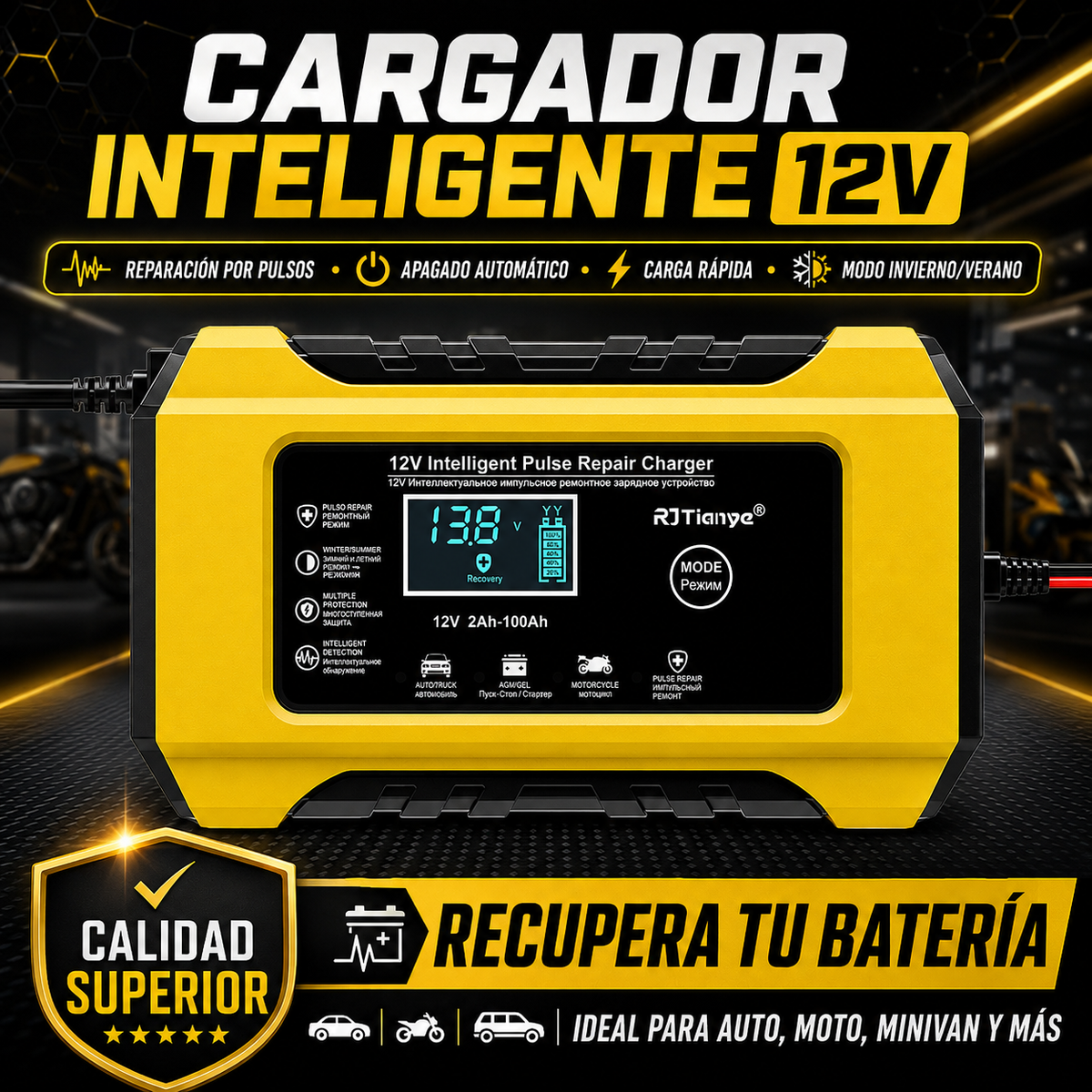 Cargador Inteligente de Batería para Motocicleta y Coche con Pantalla LCD Digital (RBA0100)