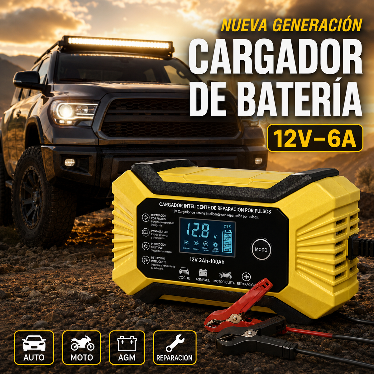 Cargador Inteligente de Batería para Motocicleta y Coche con Pantalla LCD Digital (RBA0100)