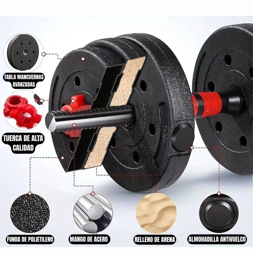 Pesas Mancuerna 20kg Set Convertible A Barra Y Pesa Rusa SDI0200
