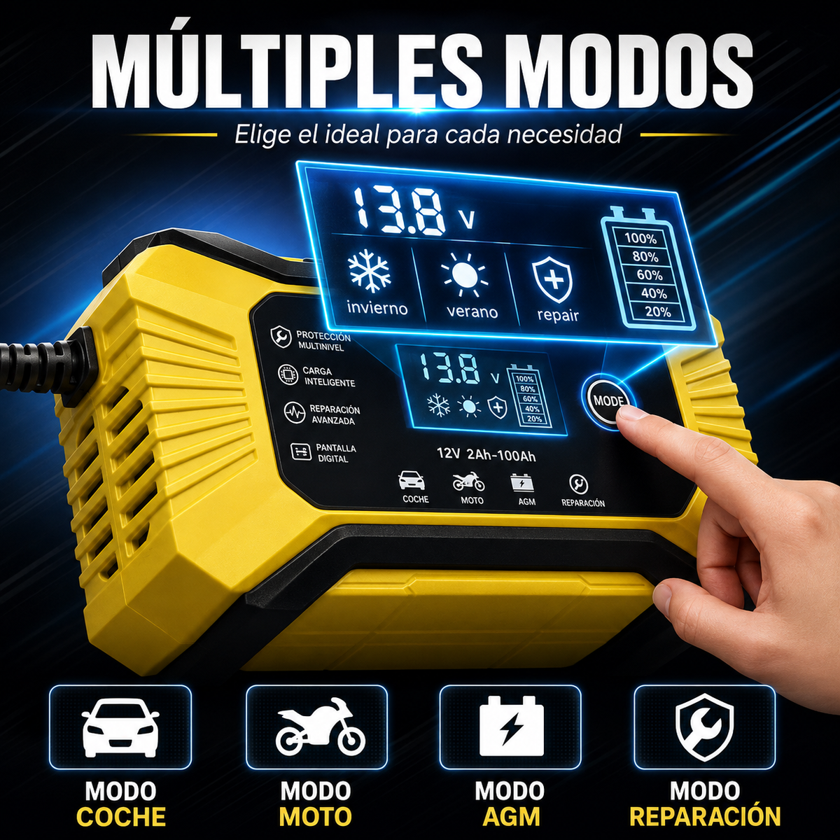 Cargador Inteligente de Batería para Motocicleta y Coche con Pantalla LCD Digital (RBA0100)