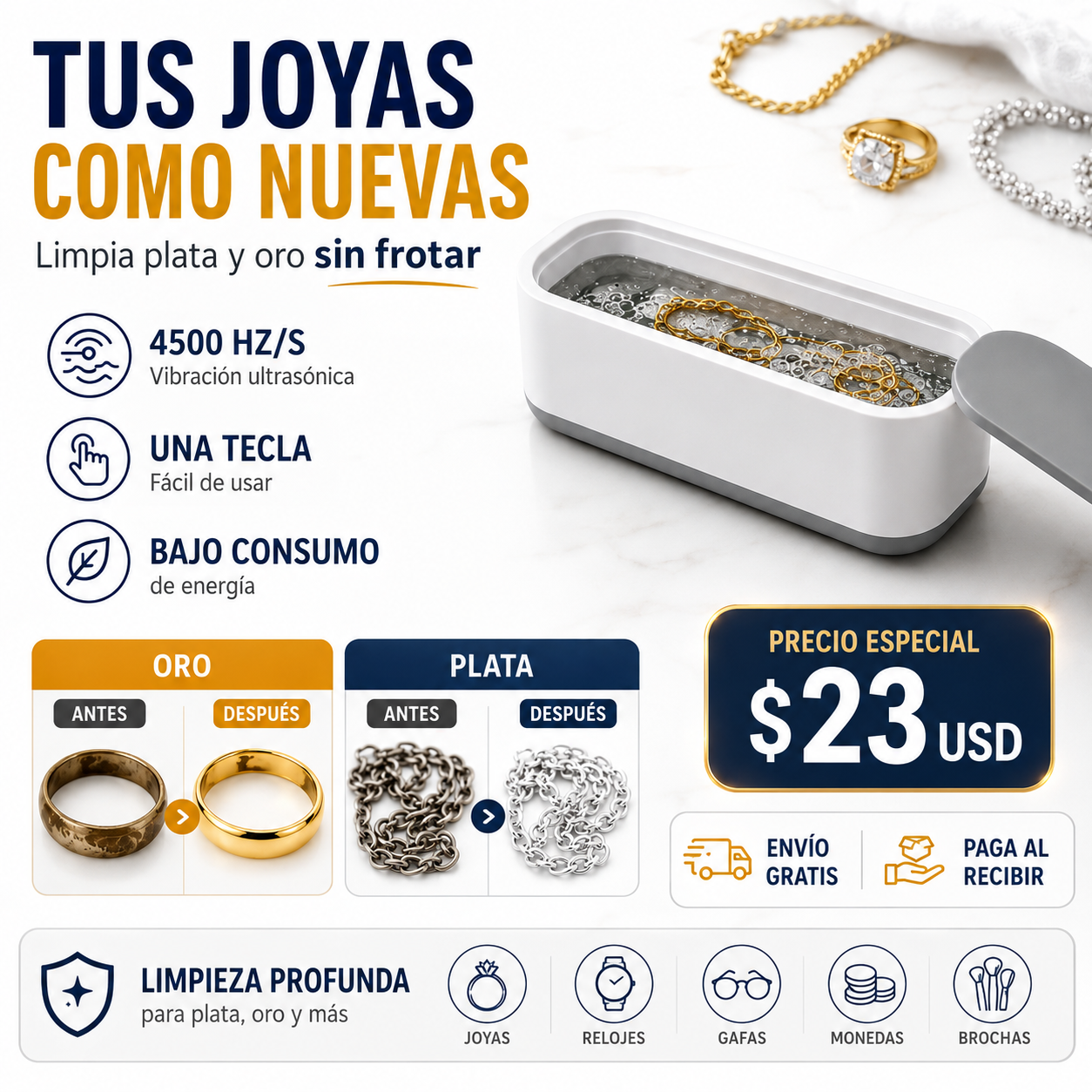 💎Limpiador Ultrasónico para Joyas | Ideal para Oro, Plata, Gafas y Relojes (LIM0500)