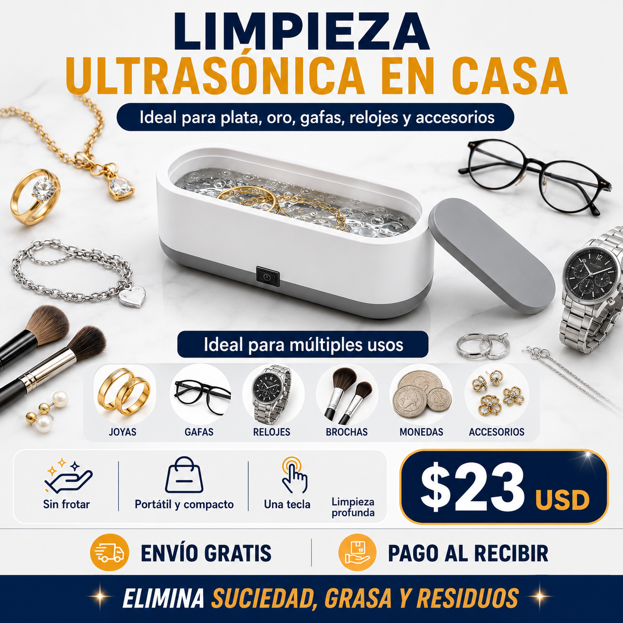 💎Limpiador Ultrasónico para Joyas | Ideal para Oro, Plata, Gafas y Relojes (LIM0500)