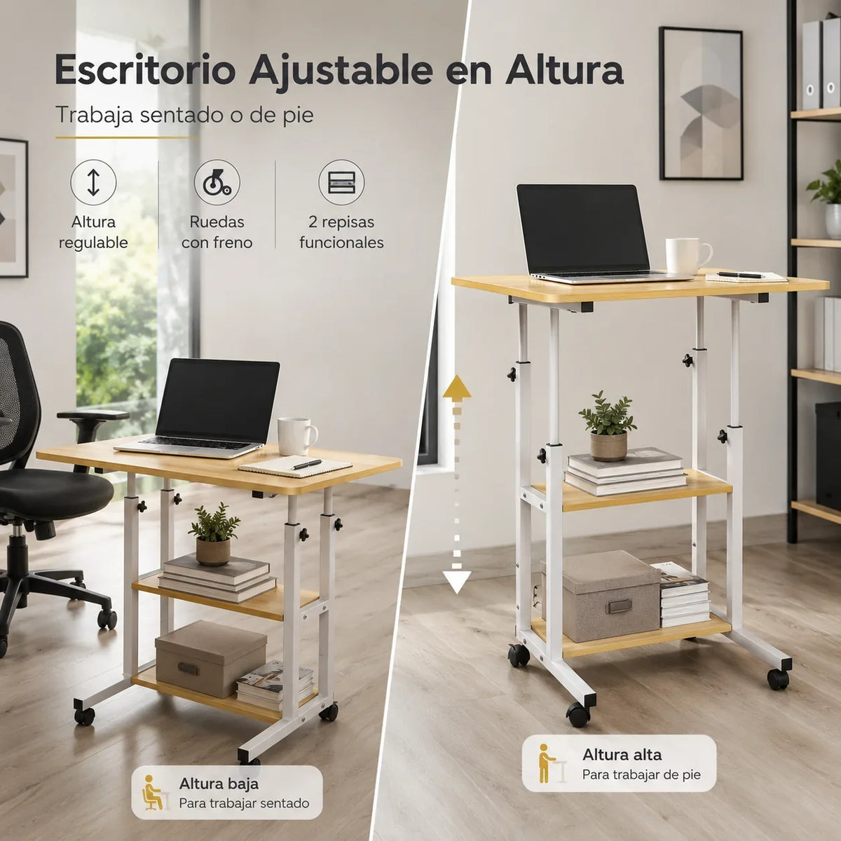 Escritorio de Altura Ajustable con Ruedas y Repisas