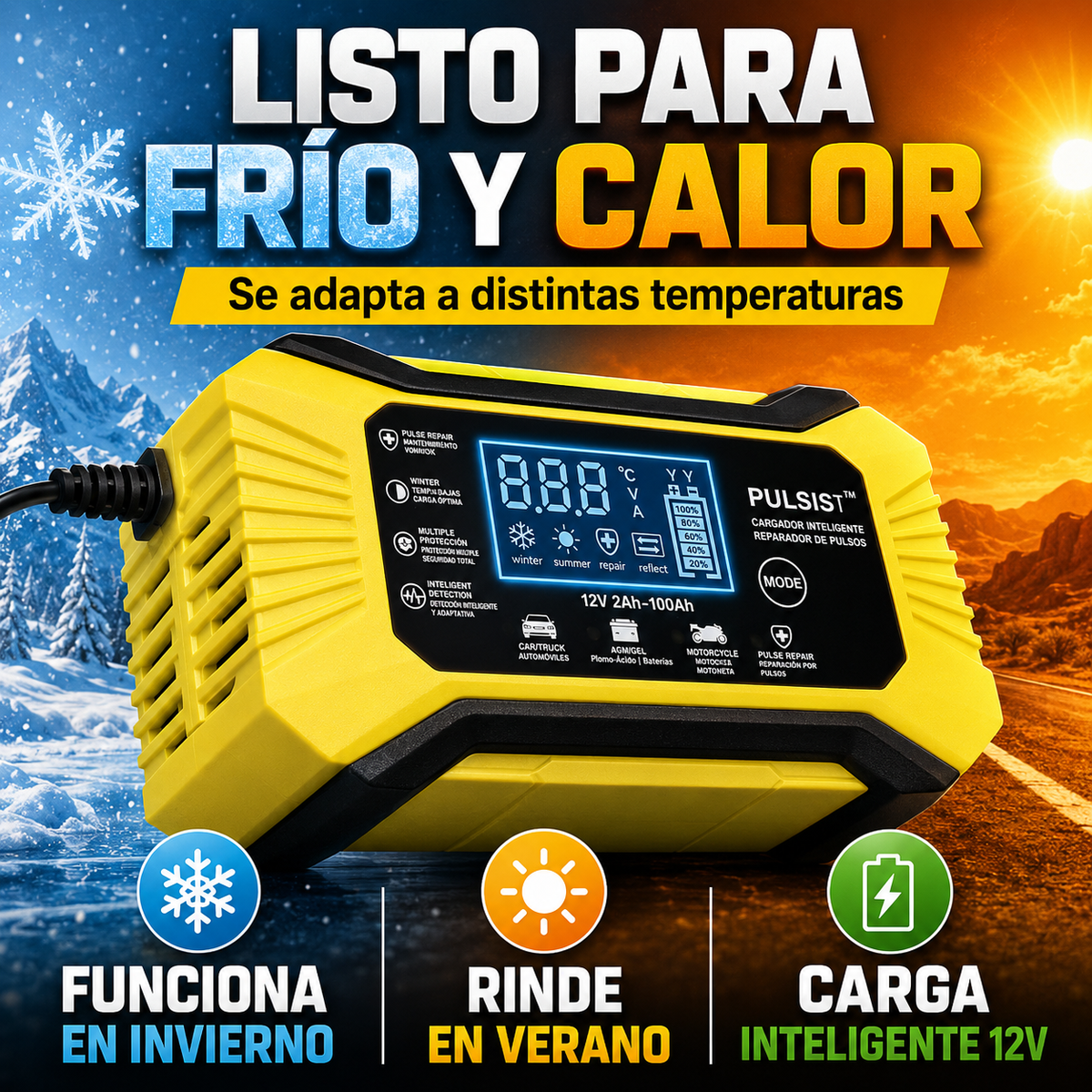 Cargador Inteligente de Batería para Motocicleta y Coche con Pantalla LCD Digital (RBA0100)